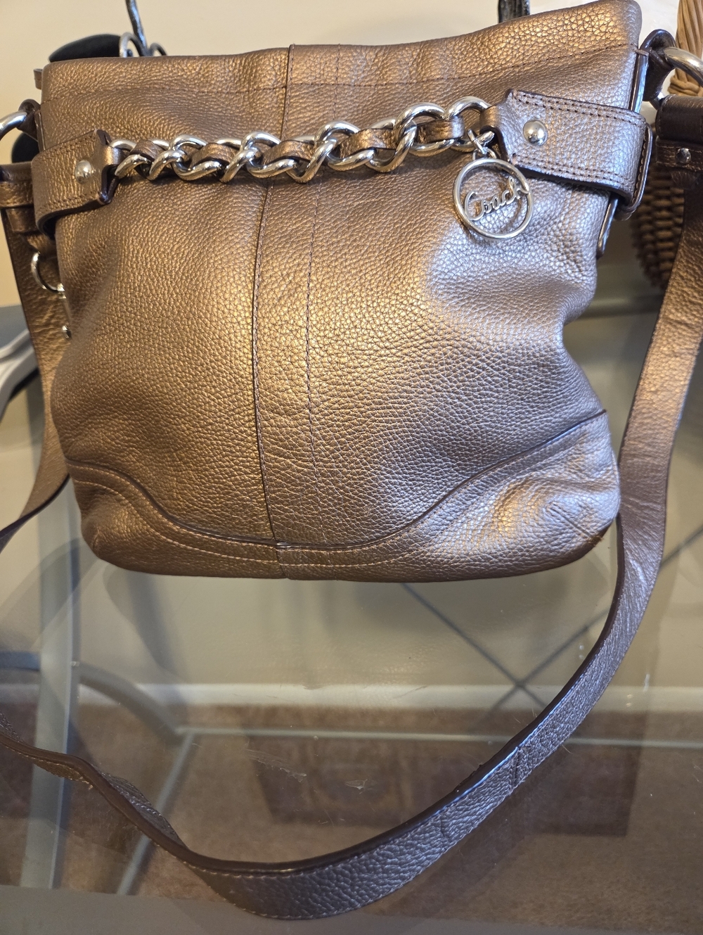 Coach Metallic Bronze Pebble Leather Crossbody Bag with Chain Accent Excellent